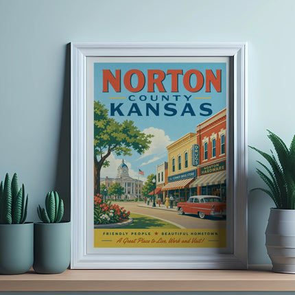 Vintage "Norton County, Kansas" travel poster with street scene.