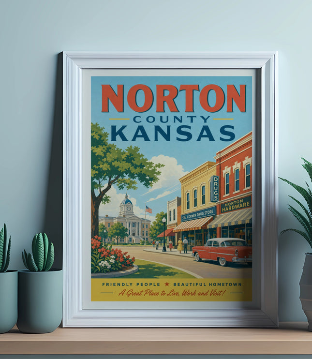Vintage "Norton County, Kansas" travel poster with street scene.