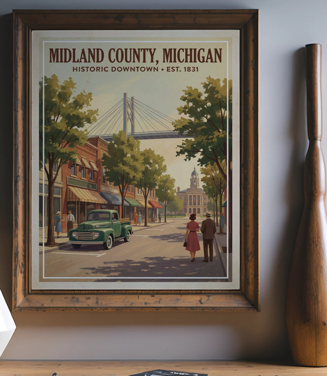 Midland County, Michigan historic downtown poster on a framed canvas with bridge and historic street scene.