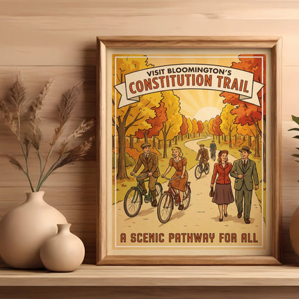 Vintage poster of Bloomington's Constitution Trail with people biking and walking.