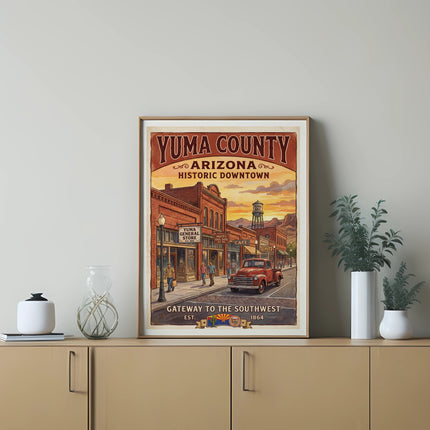 Yuma County Arizona Historic Downtown poster featuring vintage shops and a red truck.