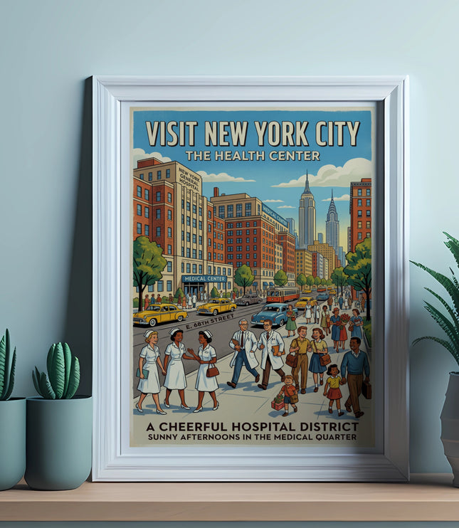 Vintage New York City Health Center poster with street scene and people.