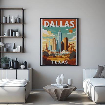 Dallas skyline travel poster with white couches and modern furniture.