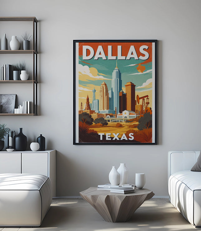 Dallas skyline travel poster with white couches and modern furniture.