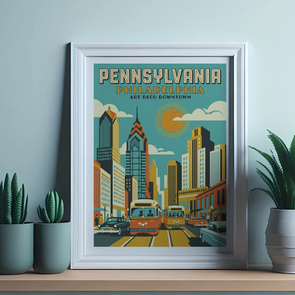 Framed art print featuring Philadelphia skyline, art deco style, with text PENNSYLVANIA PHILADELPHIA ART DECO.