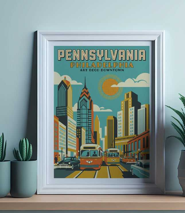 Framed art print featuring Philadelphia skyline, art deco style, with text PENNSYLVANIA PHILADELPHIA ART DECO.
