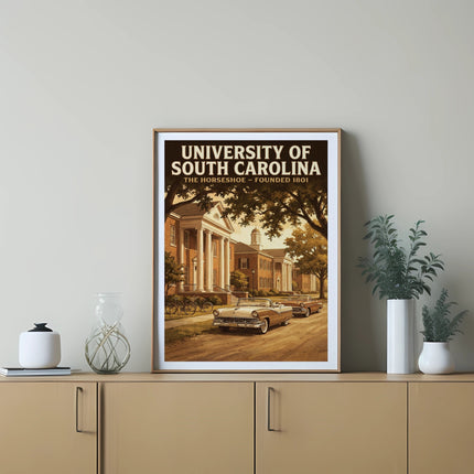 University of South Carolina Horseshoe poster featuring vintage cars and buildings.