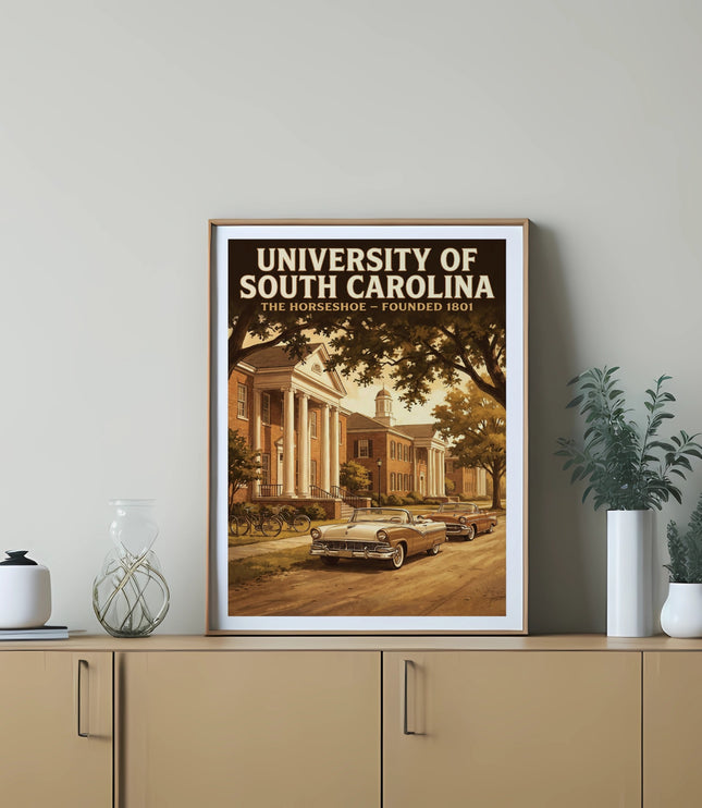 University of South Carolina Horseshoe poster featuring vintage cars and buildings.