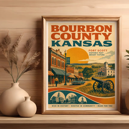 Bourbon County, Kansas vintage poster with Fort Scott text and cannon.