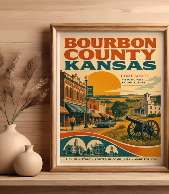 Bourbon County, Kansas vintage poster with Fort Scott text and cannon.