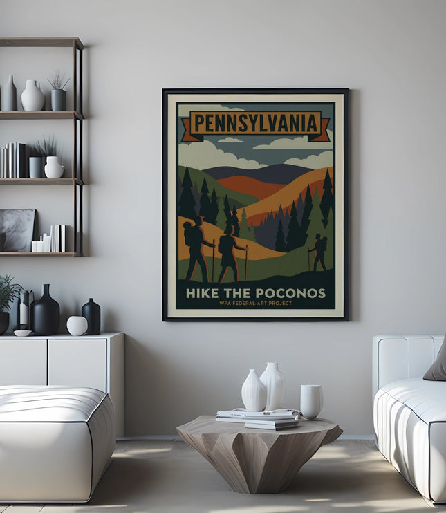 Pennsylvania Hike the Poconos WPA Federal Art Project poster on wall above sofa.