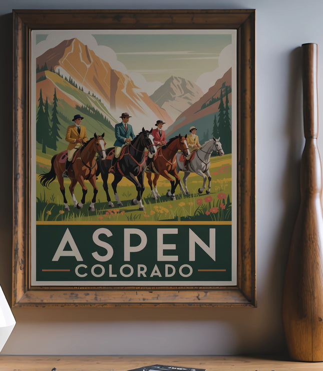 Vintage poster of riders on horseback in front of Aspen, Colorado mountains.