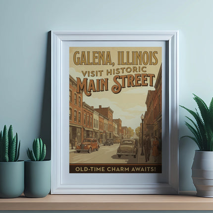 Vintage poster of Galena, Illinois Main Street with text "Visit Historic Main Street".
