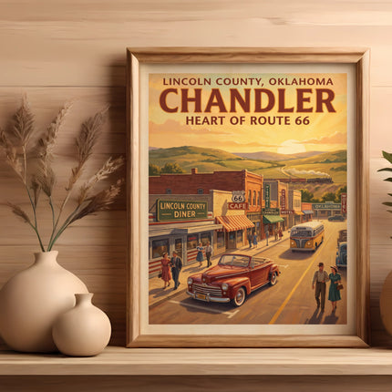 Poster of Chandler, Oklahoma, Heart of Route 66, with vintage cars and buildings.