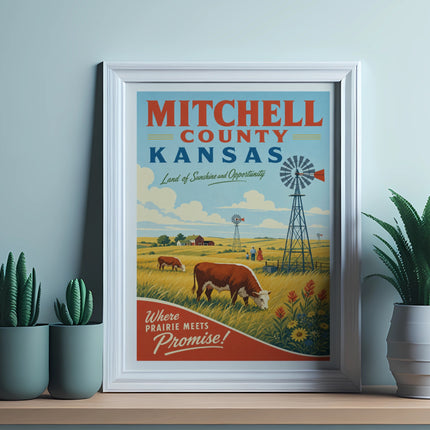 Mitchell County Kansas vintage travel poster with windmill and cows.
