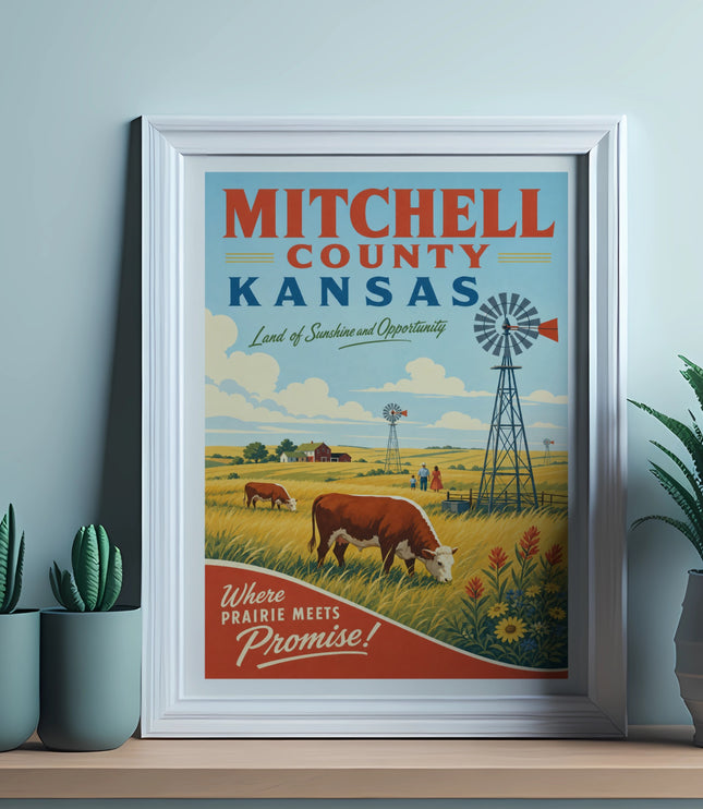Mitchell County Kansas vintage travel poster with windmill and cows.