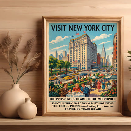 Vintage "Visit New York City" poster with Hotel Pierre and Fifth Avenue scene.