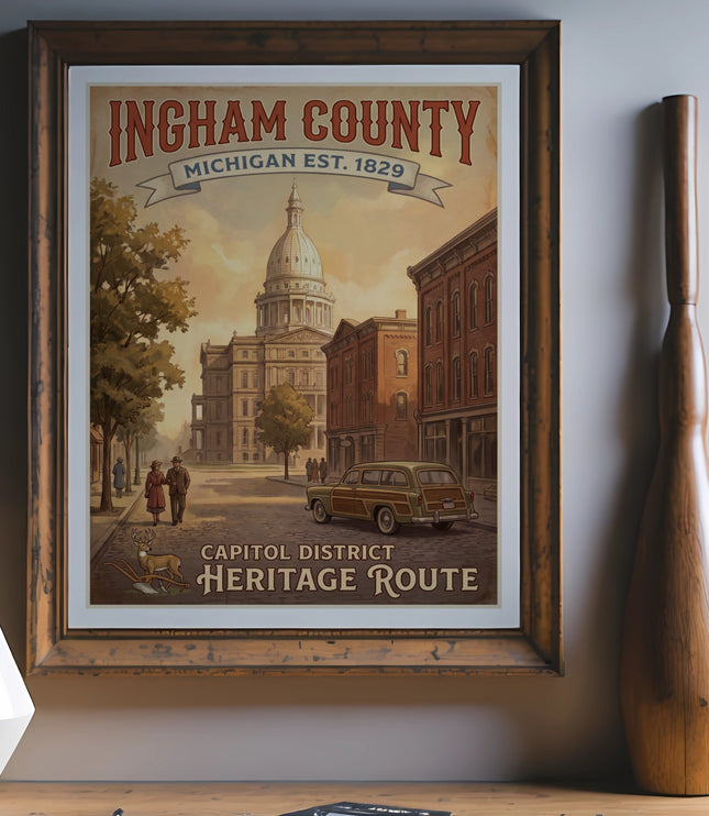 Ingham County Michigan Est. 1829 Capitol District Heritage Route poster with architecture and people.