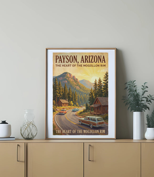 Payson, Arizona poster with vintage cars on a scenic road leading to mountains.