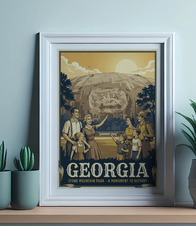 Georgia Stone Mountain Park travel poster with a family and mountain carvings under a setting sun.