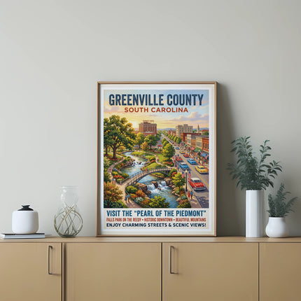 Greenville County, South Carolina vintage travel poster with park, river, and buildings.