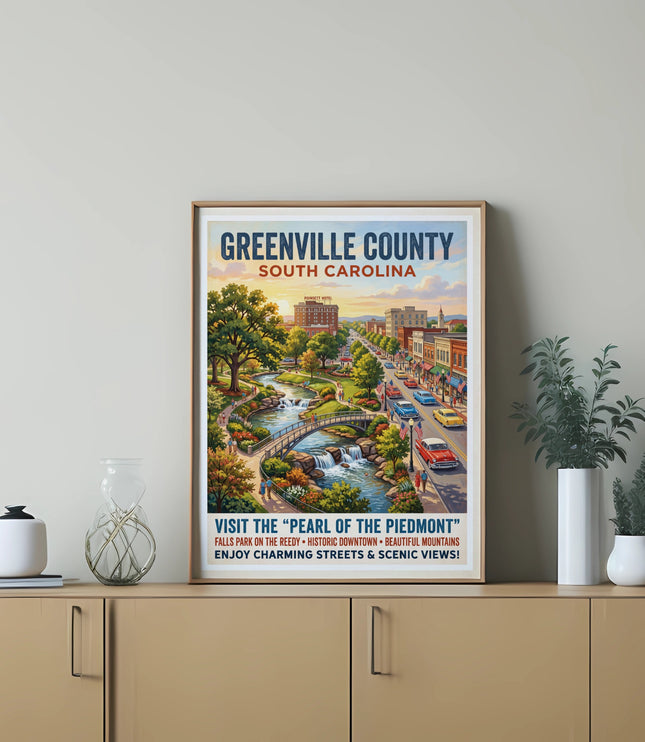 Greenville County, South Carolina vintage travel poster with park, river, and buildings.