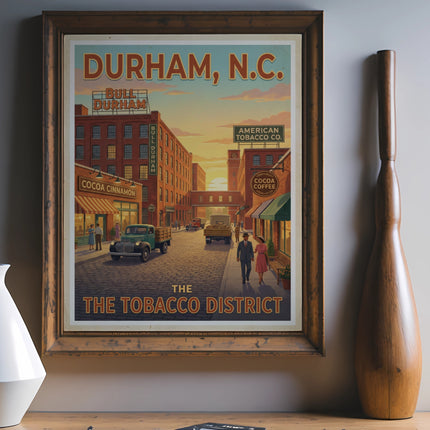 Vintage poster for Durham, NC, showing tobacco factories and shops.