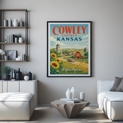 Cowley County, Kansas vintage travel poster with farm scene and sunflowers.
