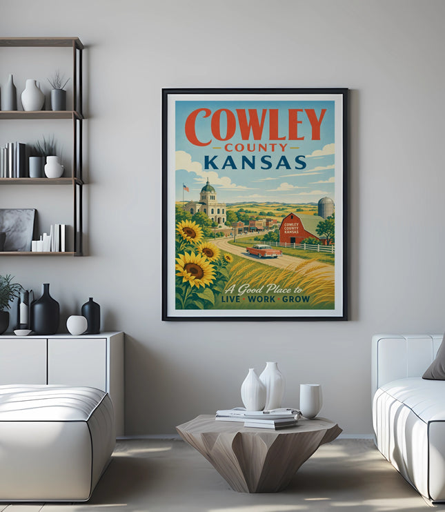 Cowley County, Kansas vintage travel poster with farm scene and sunflowers.
