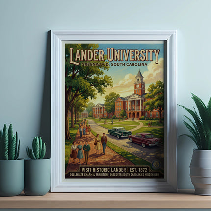 Lander University vintage poster with campus buildings, students, and cars.