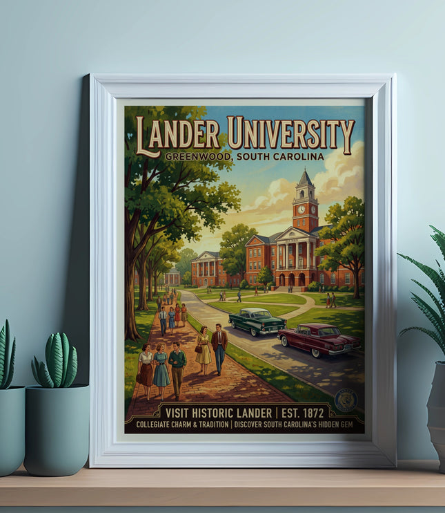 Lander University vintage poster with campus buildings, students, and cars.