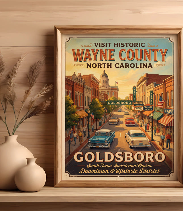 Poster showing Wayne County, North Carolina, Goldsboro downtown historic district with vintage cars.