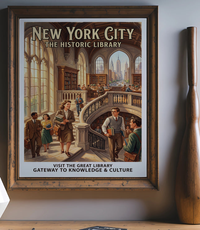 New York City Historic Library poster showing people on library stairs and cityscape.