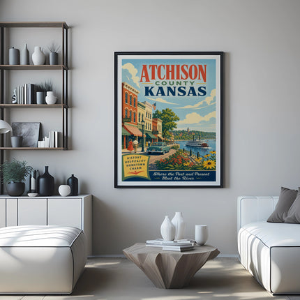 Atchison County, Kansas poster with town scene and river.