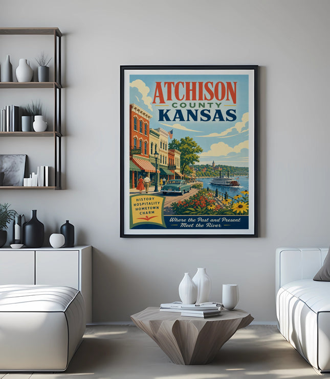 Atchison County, Kansas poster with town scene and river.