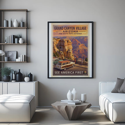 Vintage Grand Canyon Village Arizona poster with retro cars and text "See America First".