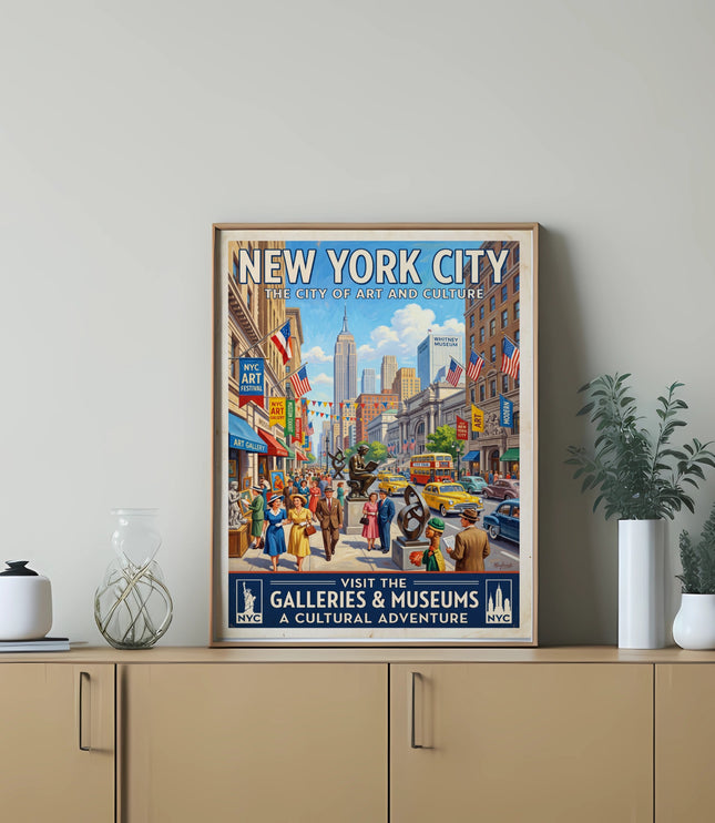 New York City poster with vintage artwork depicting art galleries, museums, and street scenes.