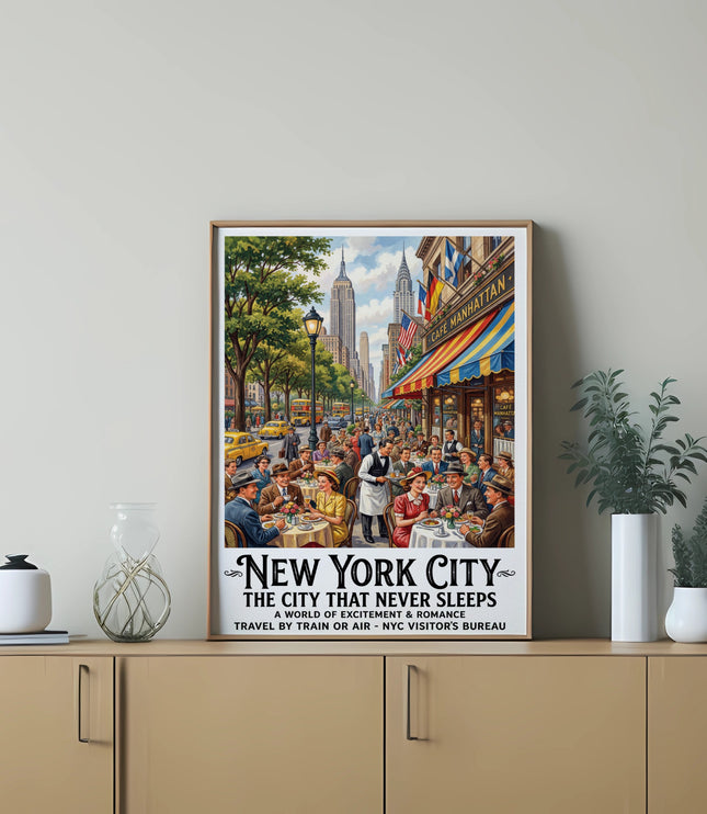 New York City poster with Empire State Building and Cafe Manhattan, featuring people dining outdoors.
