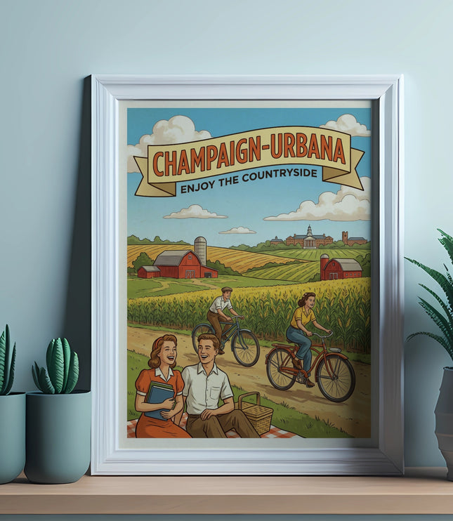 "Champaign-Urbana Enjoy the Countryside" vintage postcard featuring a couple picnicking and people cycling past cornfields.