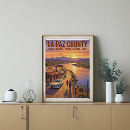 La Paz County Parker Arizona retro poster with river scene and text.