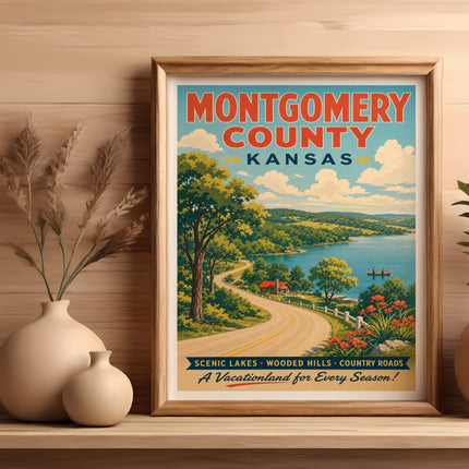 Montgomery County Kansas vintage travel poster with scenic roads and lake.