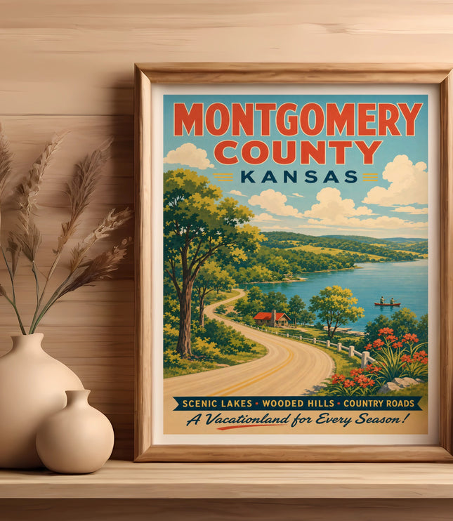 Montgomery County Kansas vintage travel poster with scenic roads and lake.