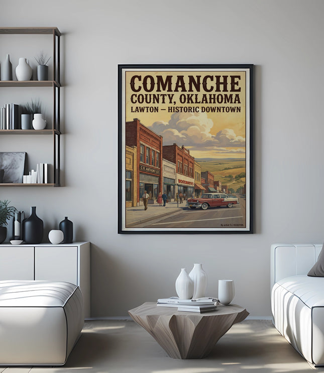 Comanche County, Oklahoma poster depicting Lawton historic downtown street scene with shops.
