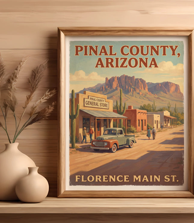 Pinal County Arizona vintage poster of Florence Main St with a general store and mountains.