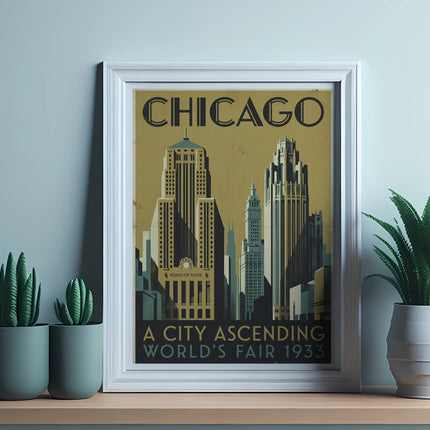 Chicago World's Fair 1933 art print with buildings and plants.