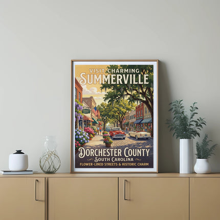 Vintage poster of Summerville, South Carolina, featuring a charming street scene with cars and flowers.