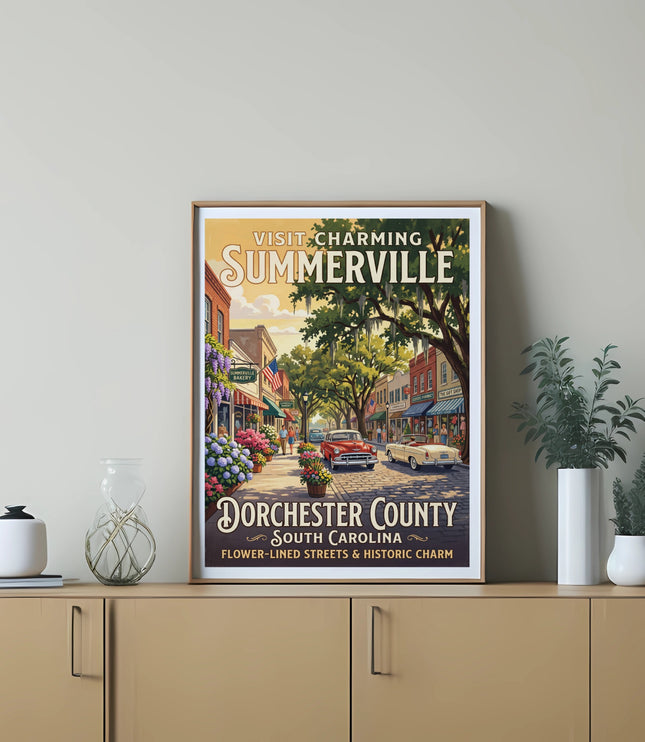 Vintage poster of Summerville, South Carolina, featuring a charming street scene with cars and flowers.
