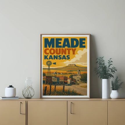 Meade County Kansas vintage travel poster with windmill and town scene.