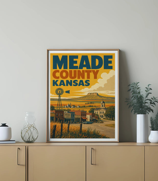 Meade County Kansas vintage travel poster with windmill and town scene.
