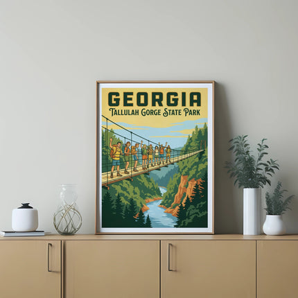 Framed poster of people on a suspension bridge at Tallulah Gorge State Park, Georgia.